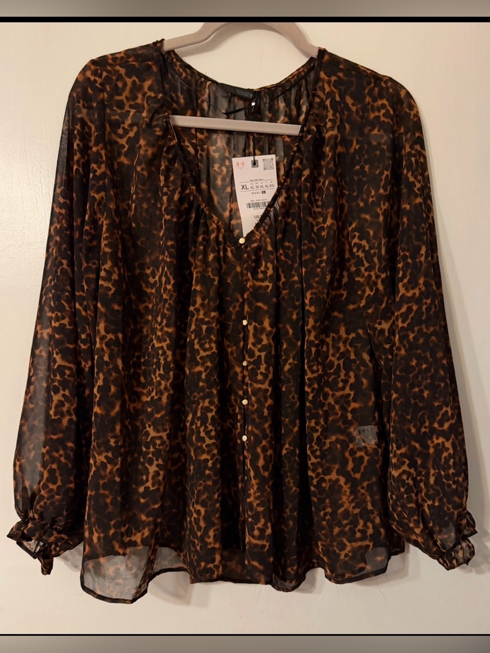 Zara NWT  Brown and Black Semi-Sheer Leopard Animal Print Blouse Sz XL